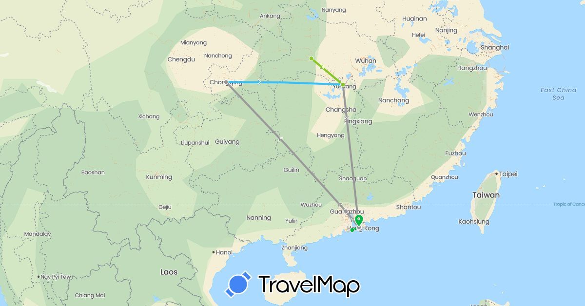 TravelMap itinerary: driving, bus, plane, boat, electric vehicle in China (Asia)